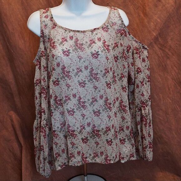A'Reve Roses On Tan Sheer Cold Shoulder Blouse w/ Lace Racer Back  Bishop sleeve - Picture 4 of 7